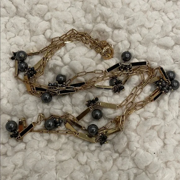 HENRI BENDEL 36 in Black Stone Grey Bead Toggle to Double Necklace w HB Bag EUC